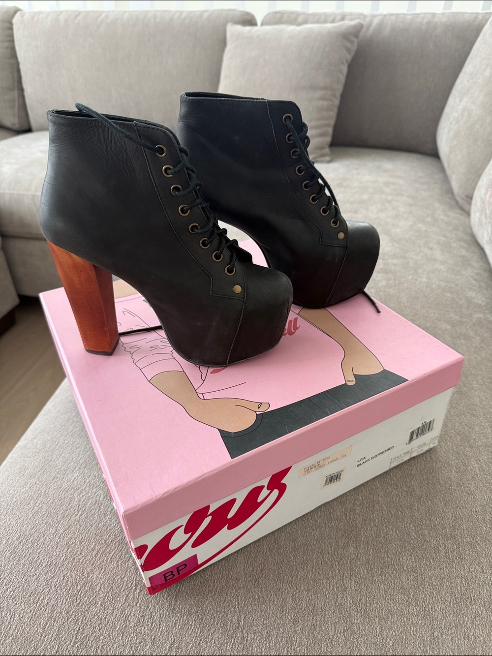 Jeffrey Campbell Black Leather Lace-Up Platform Boots with Brown Heel